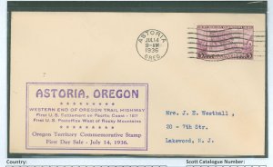 US 783 3c oregon territory centennial FDC, july 14, 1936 astoria, oregon, addressed w/ cachet commemorating oregon territory, as