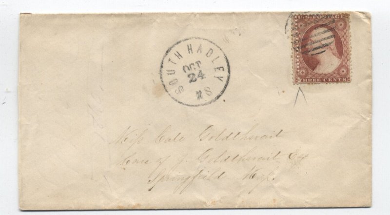 c1860 South Hadley MA #26 cover stamp with double perfs at left [h.4840]