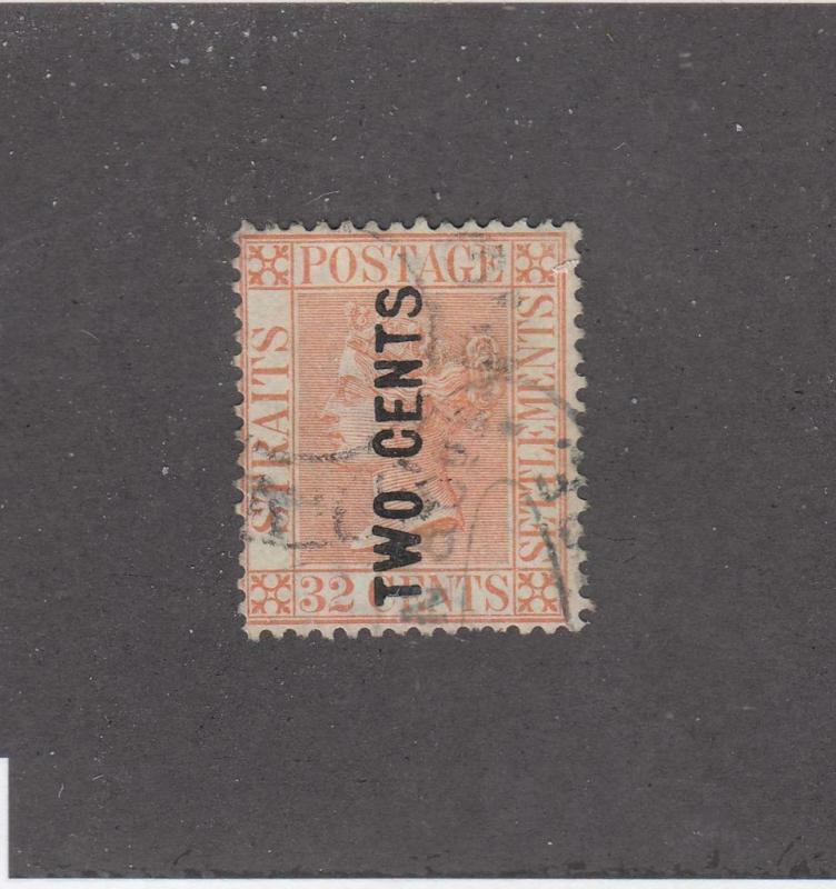 STRAITS SETTLEMENTS (KSG494) # 59 VF-USED 2 on 32c VICTORIA /PALE RED  CAT $900