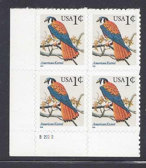 Catalog # 3031A  American Kestrel Raptor Plate Block of 4 1 Cent Stamps