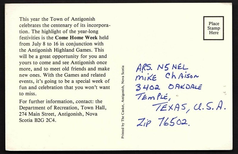 QSL QSO RADIO CARD Photo of Highland Games, Antigonish, Nova Scotia (Q2726)