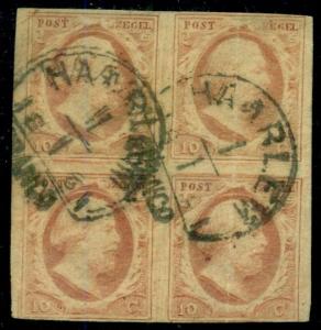 NETHERLANDS #2, Block of 4, used w/Haarlem 1861 cancel, RARE MULTIPLE