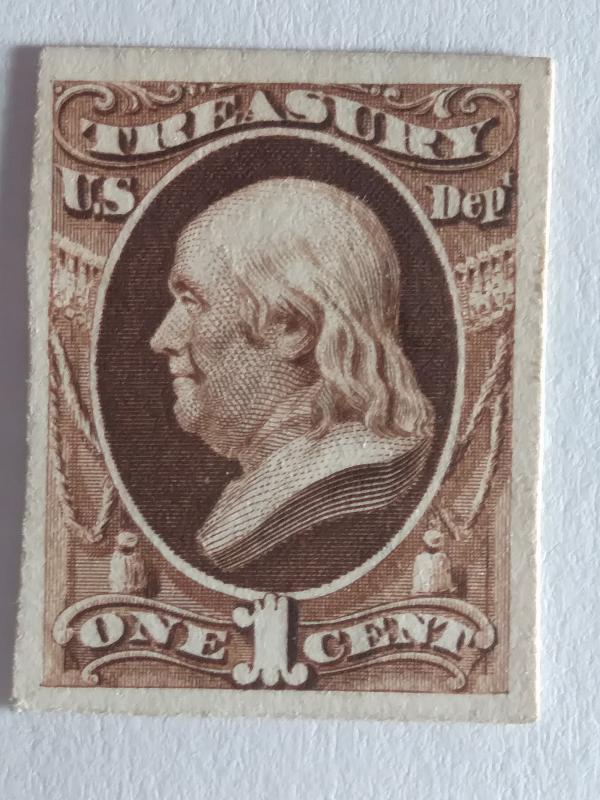 SCOTT # O72P CARD PROOF 1 CENT TREASURY NOTE GREAT COLOR AND GREAT CENTERING !!
