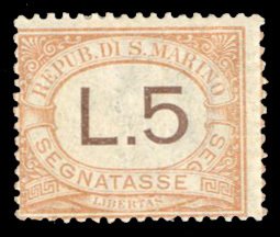 San Marino #J31 Cat$42.50, 1925 5L buff and brown, hinged