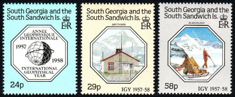 South Georgia 124-126, MNH. Intl. Geophysical Year, 30th anniv.Glaciologist,1987