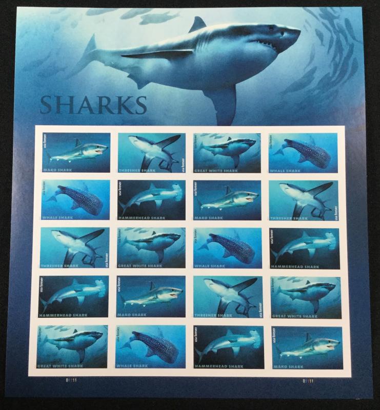 US #5223-5227 MNH Pane of 20 Sharks (.49) SCV $20.00