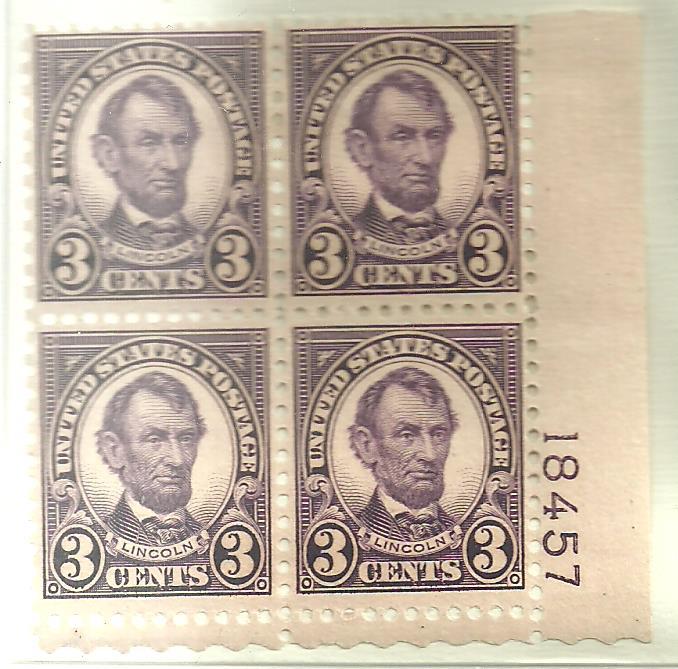 #635 Lincoln Plate Block Mint LH #18457