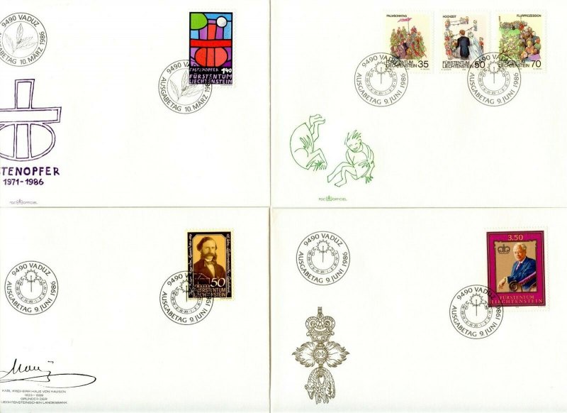 LIECHTENSTEIN Sc#829-830,832-860 1986 Ten Cpl Sets on Cacheted Unaddr. FDCs