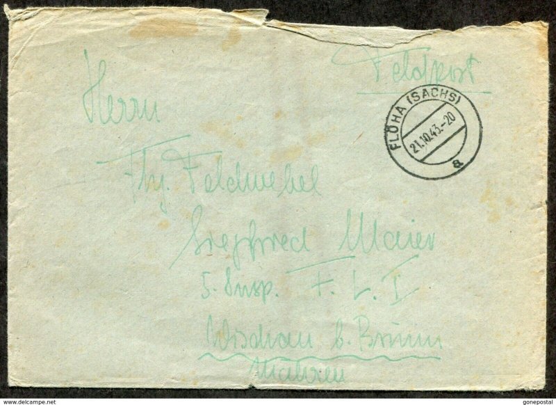 d143 - GERMANY Reich WW2 1943 FELDPOST Cover. FLOEHA. Soldat Siegfried Maier