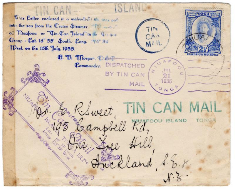 (I.B) Tonga Postal : Tin Can Mail Cover (Auckland 1936)