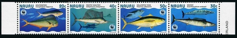 Nauru 443 ad strip, MNH. WWF 1997. Dolphin-fish, Wahoo, sailfish, tuna.