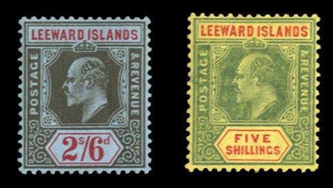 Leeward Islands #39-40 Cat$95, 1911 2sh6p and 5sh, hinged