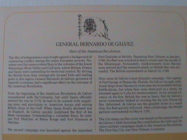 ​UNITED STATES 1980-GEN. BERNARDO DE GALVEZ :-FDC WITH HISTORY PAGE-MNH VF