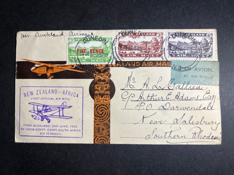 1932 New Zealand Airmail First Flight Cover FFC Dunedin to S Rhodesia Africa