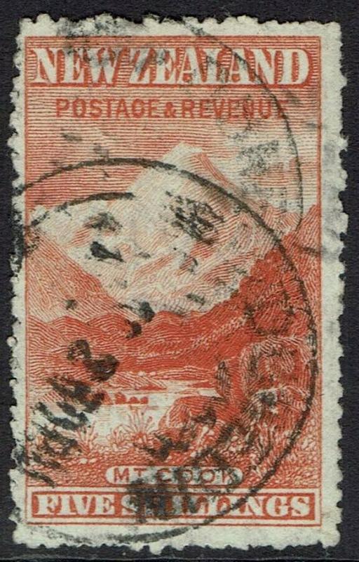 NEW ZEALAND 1902 MOUNT COOK 5/- WMK STAR NZ UPRIGHT PERF 14 USED 