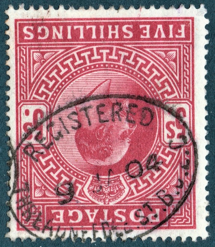 [mag751] GB 1902 Edward VII 5s Carmine SG#264 used Cat.£220