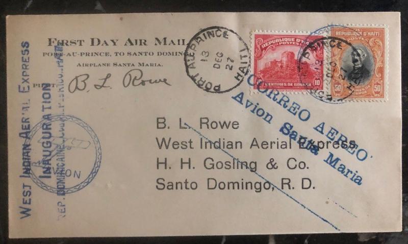 1927 Haiti First Flight Cover FFC To Santo Domingo Dominican Rep Rowe Signed