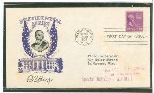 US 824 1938 19c Rutherford B. Hayes (presidential/prexy series) solo on an addressed first day cover with a cachet craft cachet.