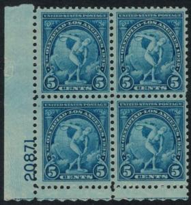 US #719 5c Olympics, Plate Block, VF mint never hinged, post office fresh, Su...