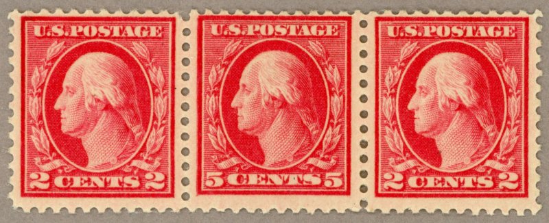 US Scott#505 OG 1917 5c Washington error stamp strip w/two 2c, no faults