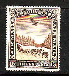 Newfoundland-Sc#C6- id12-unused hinged 15c brown Airmail-Planes-Dogs-1931-