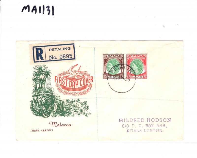 Malaya MALACCA 1955 FDC *Petaling* QEII HIGH VALUES $5 $2 First Day Cover MA1131