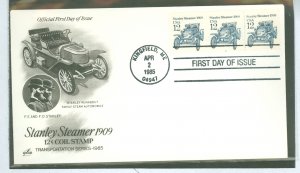 US 2132 1985 12c stanley steamer automobile, transportation series, coil line plate strip of 3 #2 on unaddressd fdc with artcraf