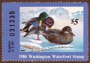 US Sc 1 Multicolor $5.00 NG 1986 Washington State Waterfowl Hunting Permit Stamp