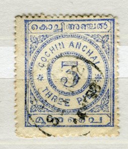 INDIA COCHIN; 1903 early classic Local Numeral issue used SHADE of 3p. value