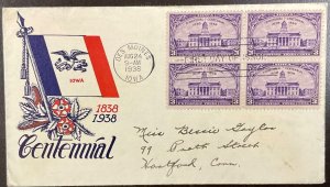 838 Staehle cachet Iowa Territory Centennial FDC 1938 w/Block of 4