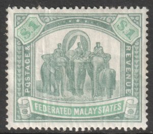 Malaya FMS Federated States Scott 73 - SG76a, 1922 Elephants $1 MH* see desc