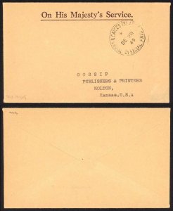 Turks and Caicos 1949 OHMS Paid Handstamp cover