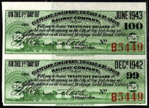 1943 The Cleveland, Cincinnati, Chicago and St. Louis Railway Pay $25.00 Gold