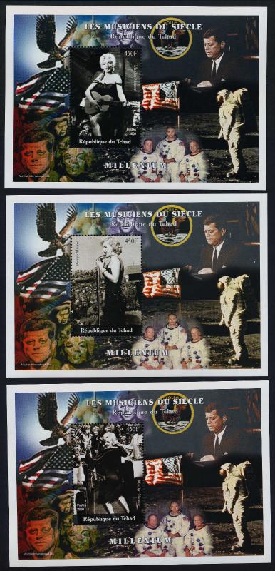 Chad set of 9 s/s MNH Marilyn Monroe, John F. Kennedy, Moon Landing, Flag, Eagle