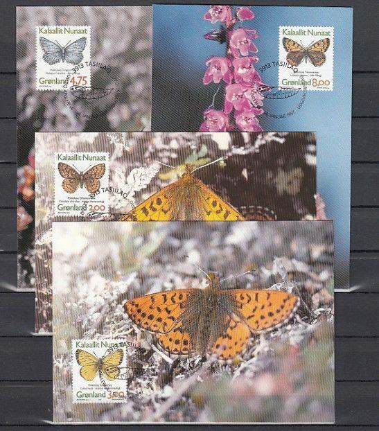 Greenland, Scott cat. 315-318. Butterflies issue on 4 Maximum Cards. ^