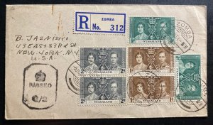 1943 Zomba Nyasaland Censored Registered Cover To New York USA Coronation Stamps