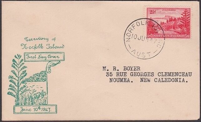 NORFOLK IS 1947 Ball Bay 2½d on FDC to New Caledonia........................X195