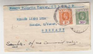 CEYLON, 1924 Sample of no Commercial value part parcel front, KGV 2c. & 30c.