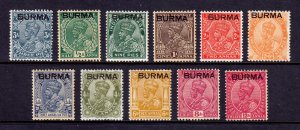 BURMA — SCOTT 1/12 — 1937 KGV ISSUE, 11 VALUES — MH — SCV $23