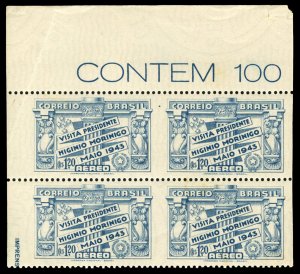 Brazil #C48var, 1948 Visit of President Morinigo, top margin block of four, i...