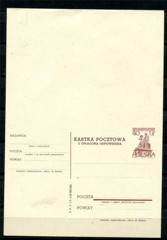 Poland 1958 Postal Stationary Card with respond other side Unused Kopernic10362