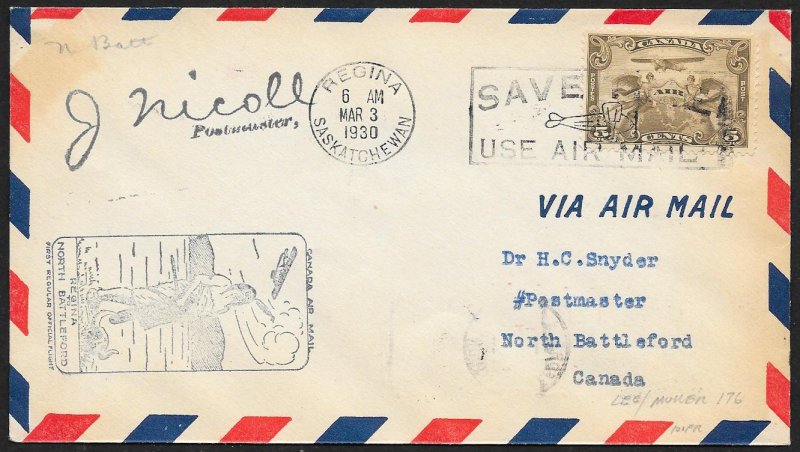 CANADA First Flight Cover c1930 Regina to North Battleford