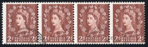 Dollis Hill 2d Red-brown wmk S/ways to right Green AOP Used Strip of 4 Cat 1200