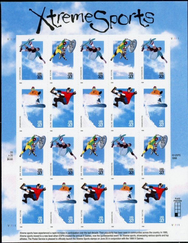 US  3321-24 Xtreme Sports 33c - Pane of 20 -  MNH - 1999 - V1111 LL