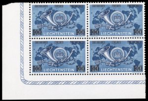 Liechtenstein #265 Cat$96, 1952 1fr on 40rp, corner margin block of four, nev...