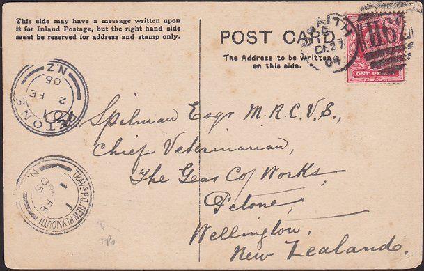 NEW ZEALAND 1905 postcard ex UK - TRAVG PO NEW PLYMOUTH RAILWAY cds.........2767