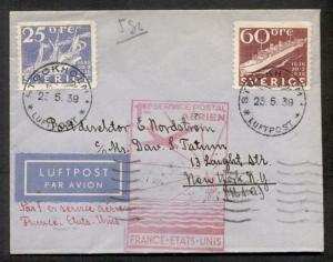 SWEDEN 1939 First Flight FRANCE - U.S. w/Sweden 60+25ore & proper red cachet