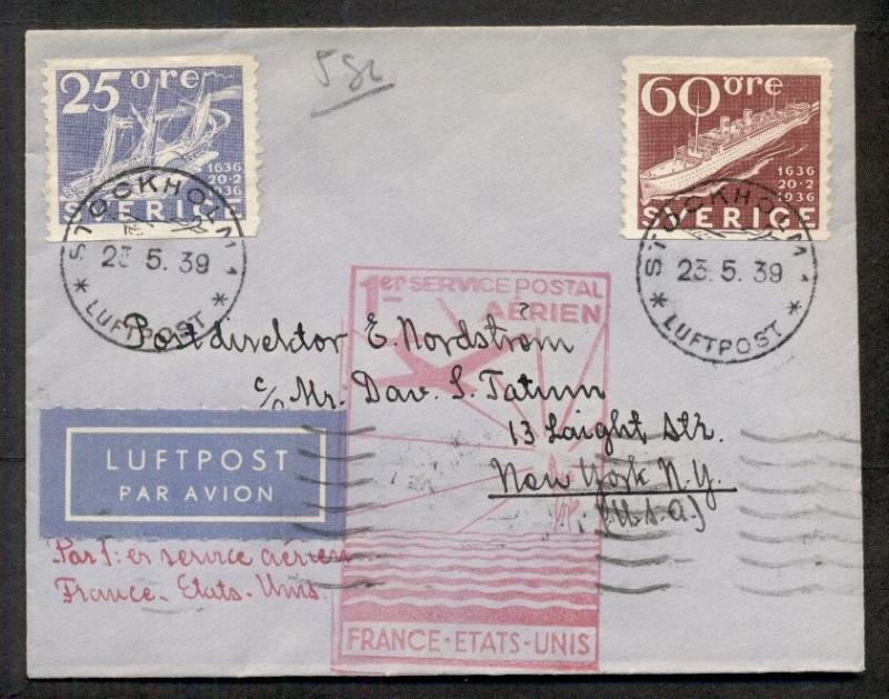 SWEDEN 1939 First Flight FRANCE - U.S. w/Sweden 60+25ore & proper red cachet