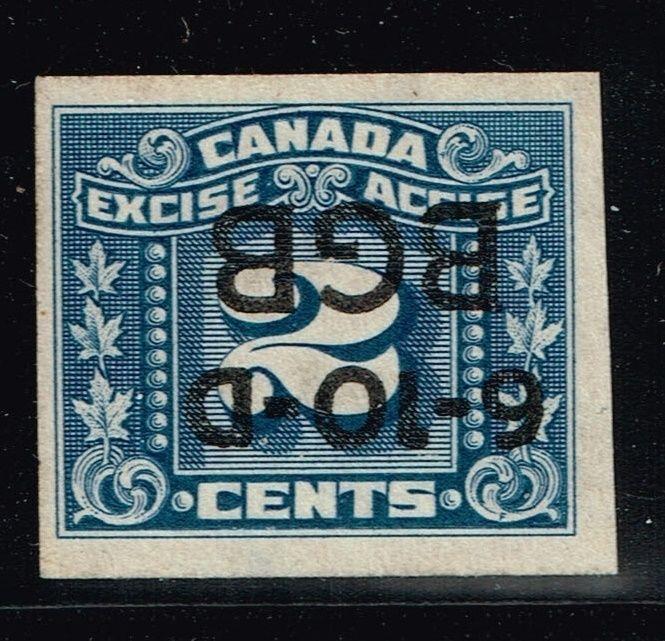 Canada 2c Imperf Excise Stamp - Inverted Pre-Cancel (No Gum) - Lot 101915