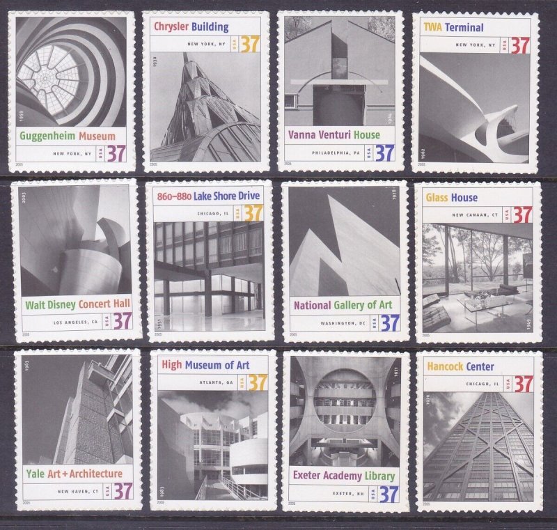 US 3910a-m MNH 2005 37¢ Masters of American Architecture Singles Set of 12 VF